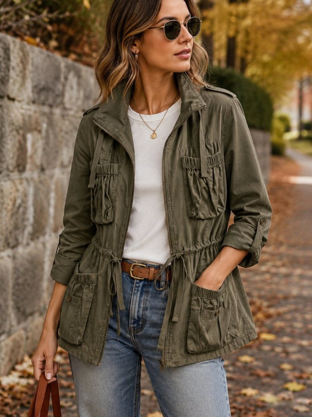 Bar III Olive Green Cotton Utility Cargo Gorpcore Military Jacket Womens Large